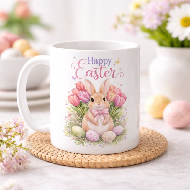 Pastell Rosa Tulpaner Påskharen Glad Påsk Kaffemugg (Skapare uppladdad)