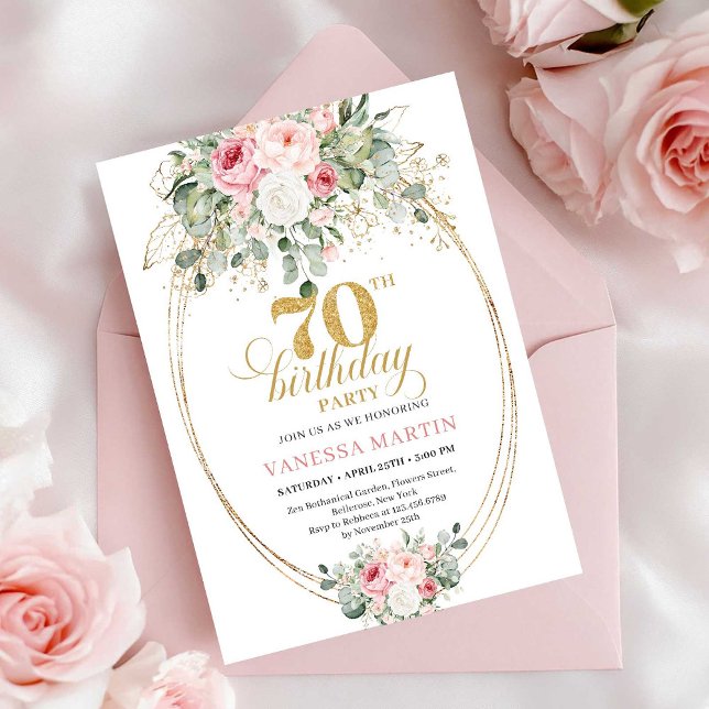 Pastell Rosa Utskrivbar 70-års Födelsedagsinbjudan Inbjudningar (Pastel Pink Printable 70th Birthday Invitation)