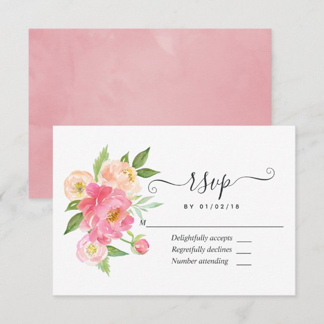 Pastell Rosa Vår Vattenfärg Peonies Bröllop OSA Kort (Fram/baksida)