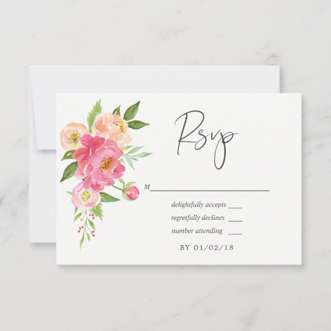 Pastell Rosa Vår Vattenfärg Peonies Bröllop OSA Kort (Framsida)