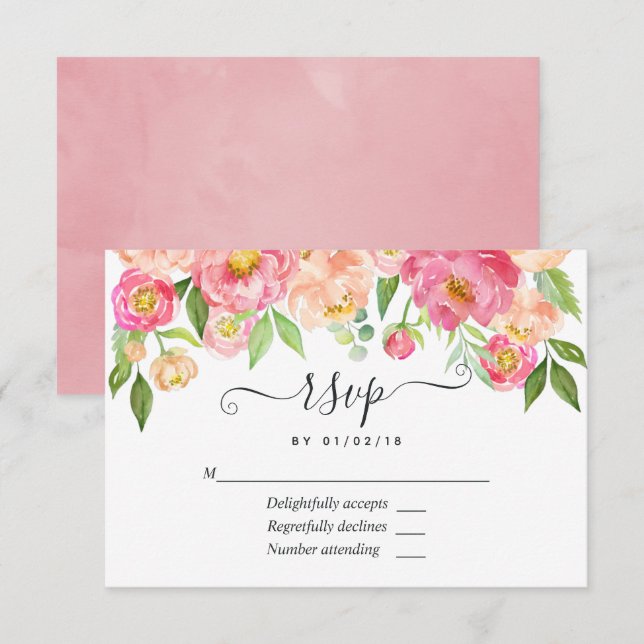 Pastell Rosa Vår Vattenfärg Peonies Bröllop RSVP OSA Kort (Fram/baksida)