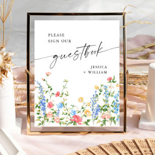 Pastell Rosa Vildblommor Gästbok Bröllopsskylt Poster