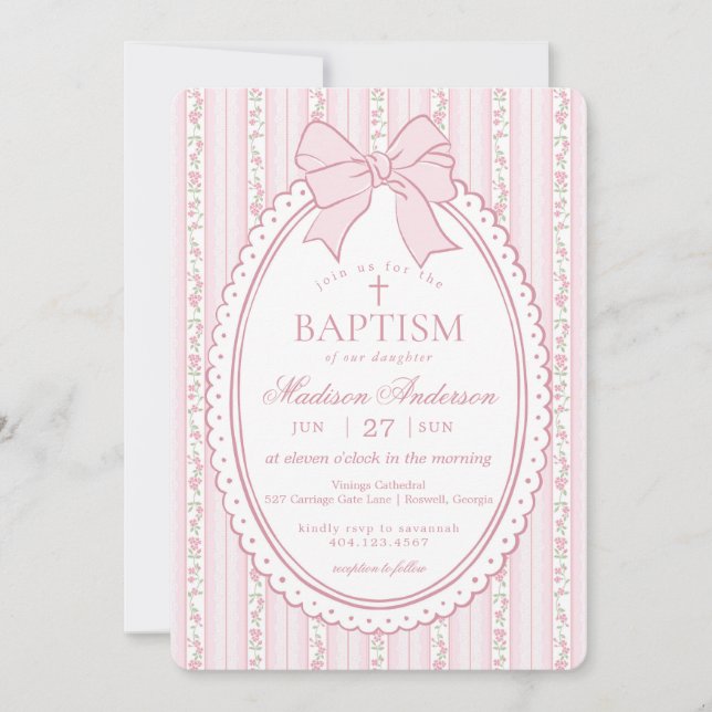 Pastell Rosa Vintage Elegant Blommig Dopceremoni Inbjudningar (Framsida)