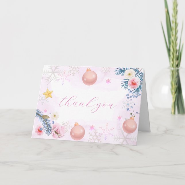 Pastell Rosa Vinter Snöflinga Blommig Bebis Bjudni Tack Kort (Framsida)