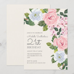 Pastell Rosa Vita Blommig Kvinnas 21-årsdag Inbjudningar