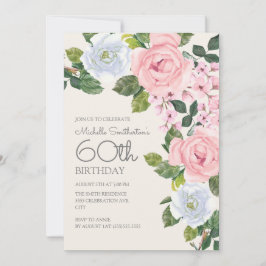 Pastell Rosa Vita Blommig Kvinnas 60-årsdag Inbjudningar