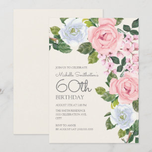 Pastell Rosa Vita Blommig Kvinnas 60-årsdag Inbjudningar