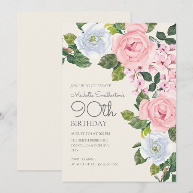 Pastell Rosa Vita Blommig Kvinnas 90-årsdag Inbjudningar (Fram/baksida)