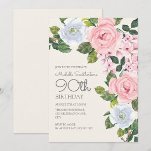 Pastell Rosa Vita Blommig Kvinnas 90-årsdag Inbjudningar