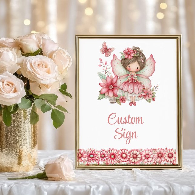 Pastell Rosa Whimsisk Fe Floral 4-års Födelsedag Poster (Pastel Pink Whimsical Fairy Floral 4th Birthday Custom Sign)