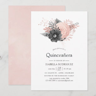 Pastell rosablush och kolgrå blomster Quinceañera Inbjudningar