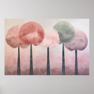 Pastell Rund Trädgrupp Rosenskift Grågrön Konst Poster