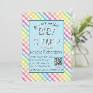 Pastell Rutig Regnbåge Baby Shower Blå Inbjudningar
