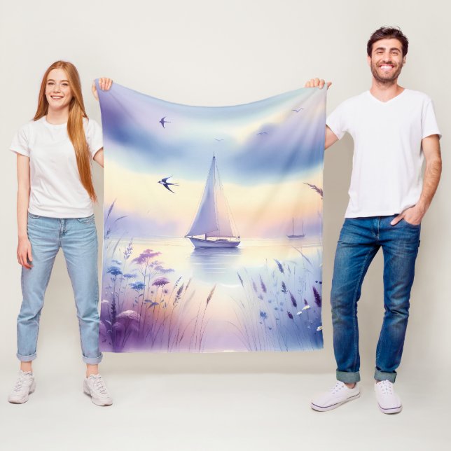 Pastell Segelbåt Kust Drömlandskap Fleecefilt (På plats)