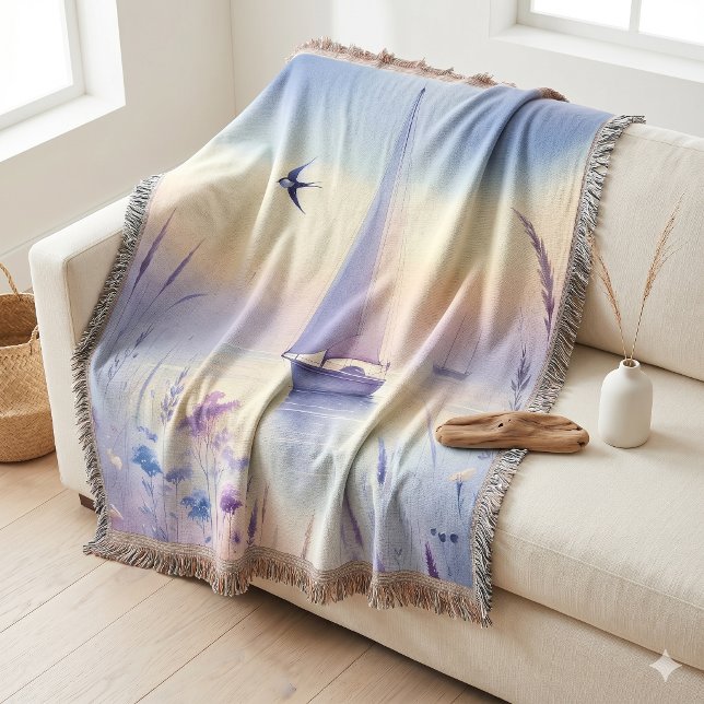 Pastell Segelbåt Kustdrömlandskap Filt (Pastel Sailboat Coastal Dreamscape Throw Blanket)