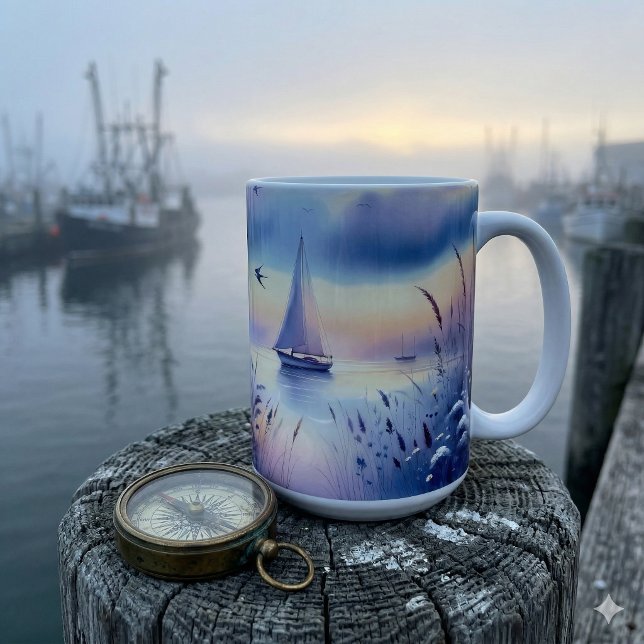 Pastell Segelbåt Kustdrömmar Landschaft Kaffemugg (Pastel Sailboat Coastal Dreamscape Coffee Mug)