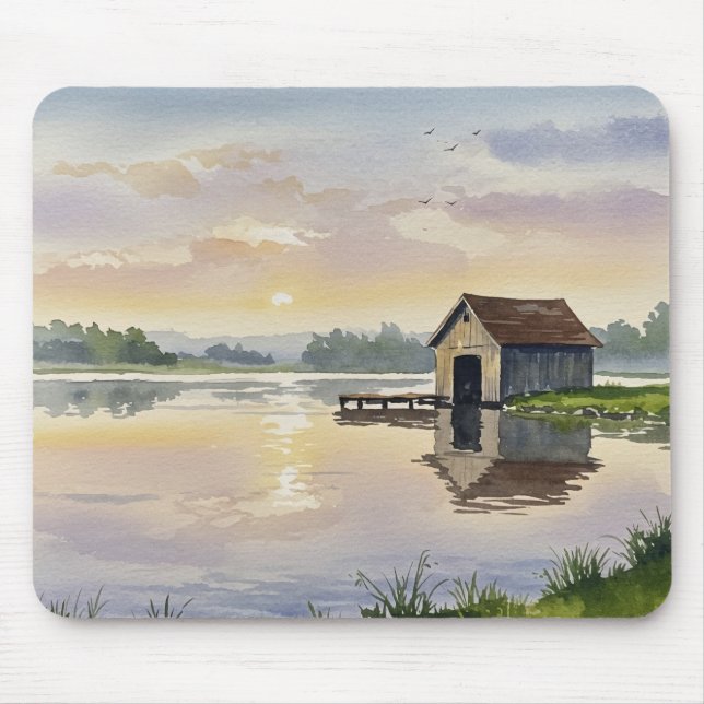 Pastell Sjö Solnedgång Dock Stuga Lugn Musmatta (Framsidan)
