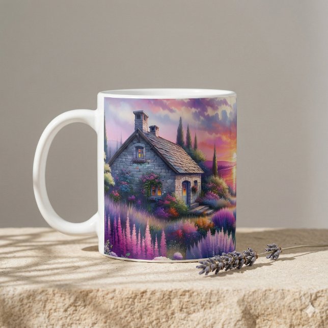 Pastell Solnedgång Stuga Sidsjö Trädgård Drömlands Kaffemugg (Pastel Sunset Cottage Lakeside Garden Dreamscape Coffee Mug)