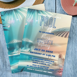 Pastell Solnedgång Tropisk Poolparty 16-årsdag Inbjudningar
