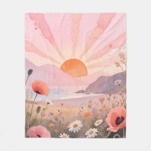 Pastell Solnedgång Vildblommeäng Fleecefilt