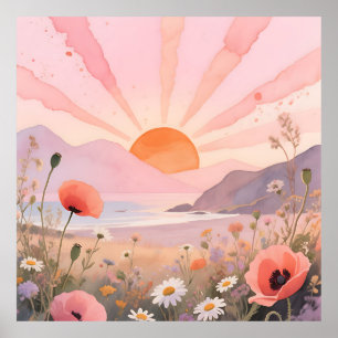 Pastell Solnedgång Vildblommeäng Poster