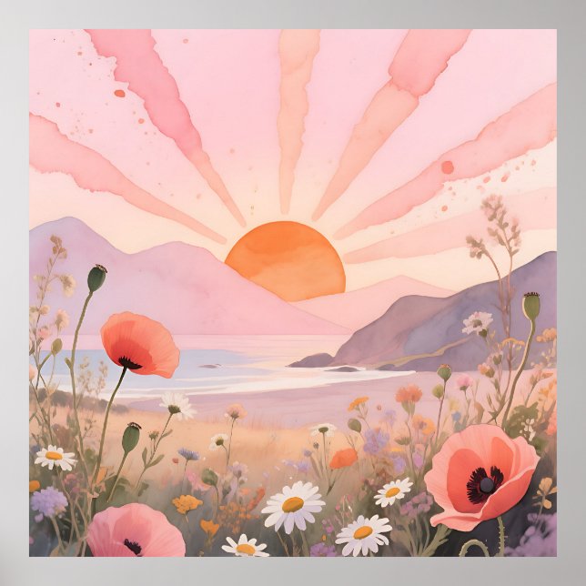 Pastell Solnedgång Vildblommeäng Poster (Framsidan)
