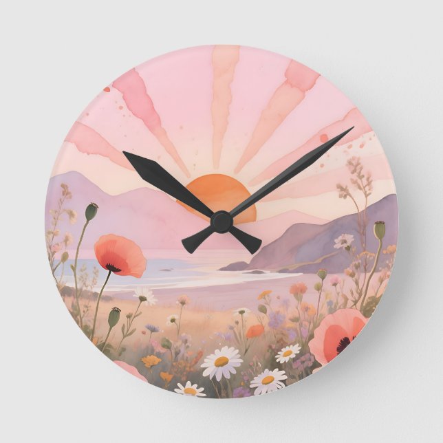 Pastell Solnedgång Vildblommeäng Rund Klocka (Framsida)