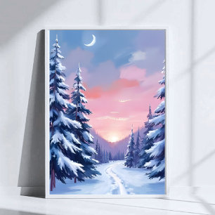 Pastell Solnedgång Vinter Naturmålning Akvarell Poster