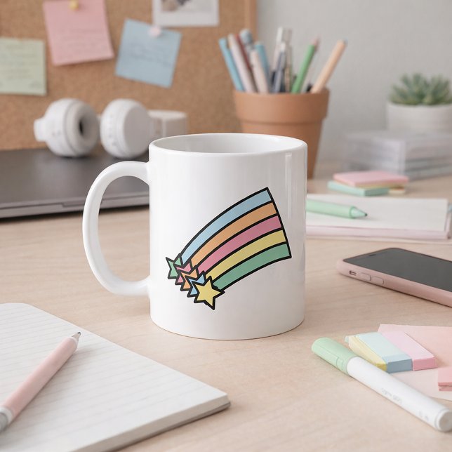Pastell Stjärnfall Regnbåge Retro Estetik  Kaffemugg (A mug with a pretty design of shooting stars and a rainbow.)