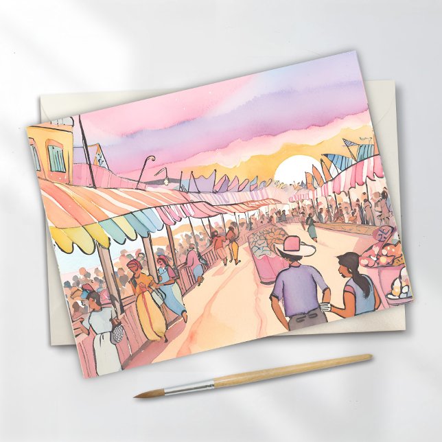Pastell Strandpromenad | Akvarell Oceanbrygga Vykort (Skapare uppladdad)
