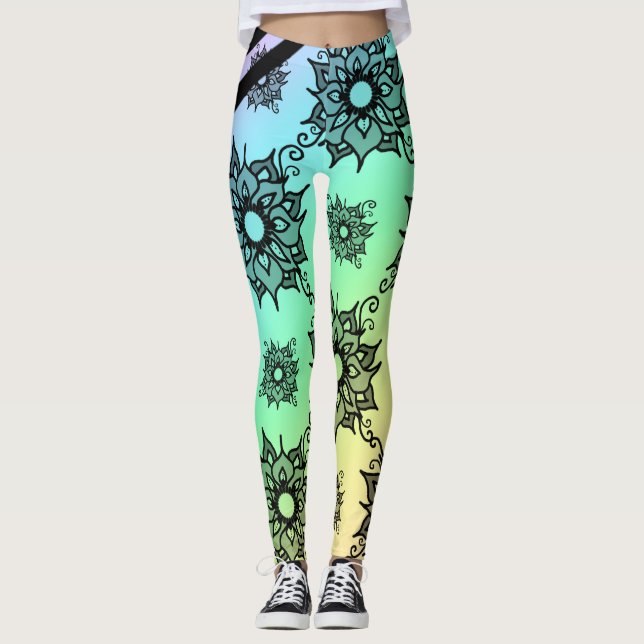 Pastell Svart Blommig Mönster Leggings (Framsida)