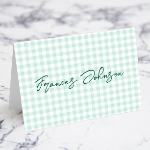 Pastell Teal Gingham Namnkort för platskort Bordsnummer
