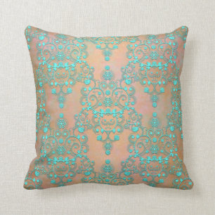 Pastell Teal över Peachy Guld Fancy Damask Kudde