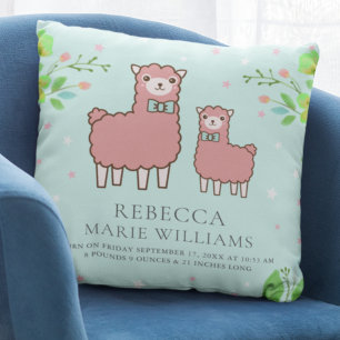 Pastell Teal Söt Rosa Lama Babyflicka Födelsestati Kudde