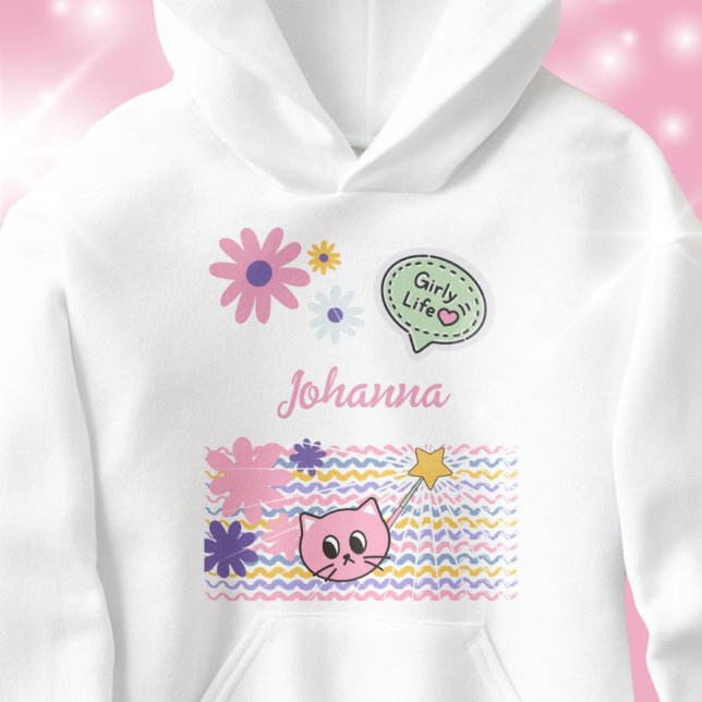 Pastell Tecknad Katt Blommor Tjejliv T Shirt (Pastel Cartoon Cat Flowers Girly Life Hoodie ©Susanne Sachers - Sunny Wanderlust 🌞✈️)