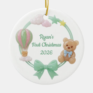 Pastell Teddybjörn Ballong Baby Första Jul Julgransprydnad Keramik