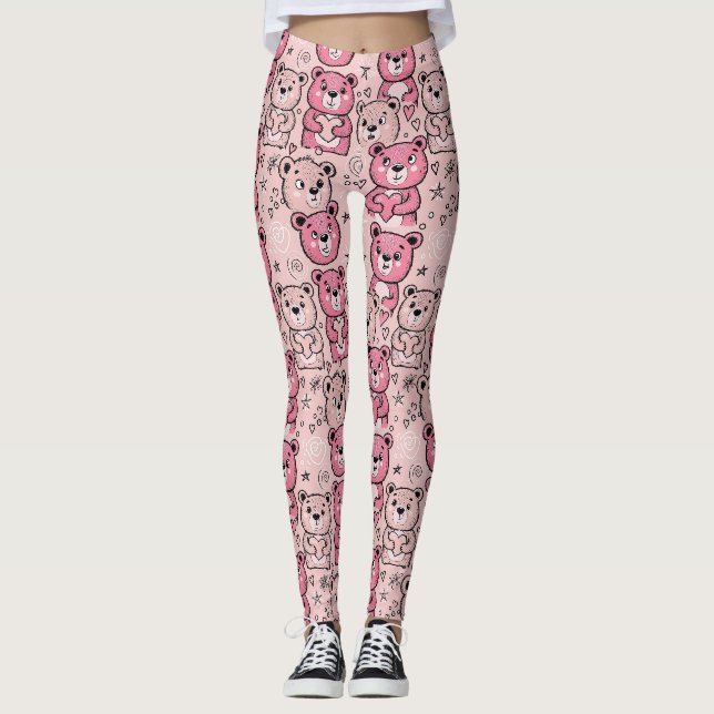 Pastell Teddybjörn Hjärtmönster Leggings (Framsida)