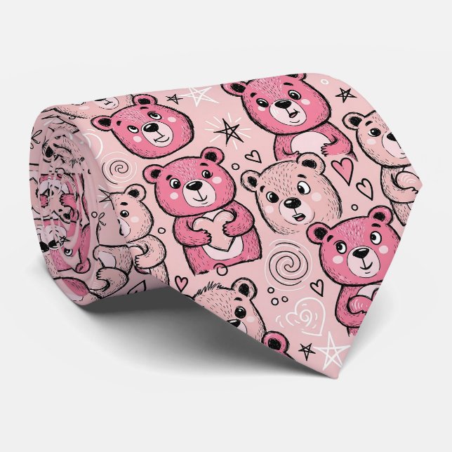 Pastell Teddybjörn Hjärtmönster Slips (Rullad)