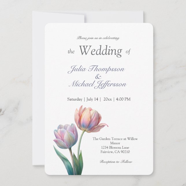 Pastell Tulpan Bröllopssvit Elegant Typografi Inbjudningar (Framsida)