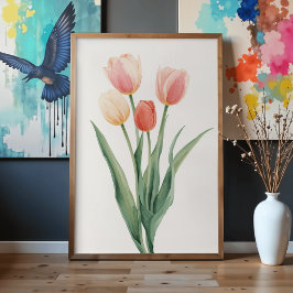 Pastell Tulpaner Vattenfärg Botanisk Väggkonst