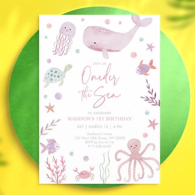 Pastell Under havet Rosa 1-årsdag Inbjudningar (Skapare uppladdad)