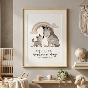 Pastell Varg Mamma Valp Första Mors Dag Barnkammar Poster