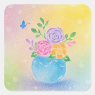 Pastell Vas Blommor Fjäril Konst Fyrkantigt Klistermärke