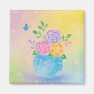 Pastell Vas Blommor Fjäril Konst Magnet