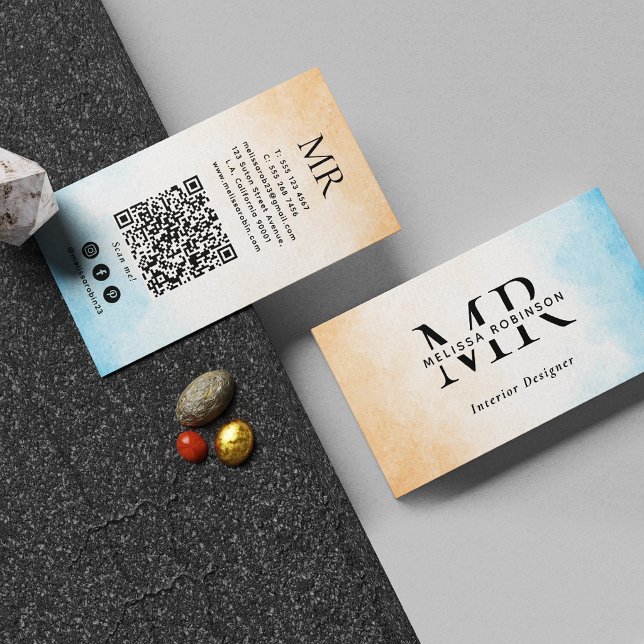Pastell Vattenfärg Anpassad QR-kod och Monogram Visitkort (Skapare uppladdad)