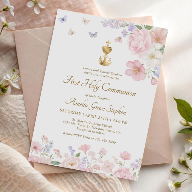 Pastell Vattenfärg Blommor Första Kommunion Inbjudningar (Skapare uppladdad)