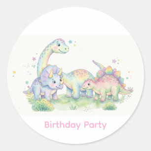 Pastell Vattenfärg Dinosaurie Födelsedagsfest Runt Klistermärke