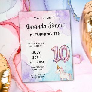 Pastell Vattenfärg Enhörning Tjej 10-årsdag Inbjudningar