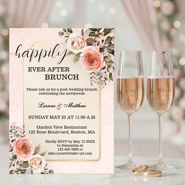 Pastell vattenfärg rosor bröllopsbrunch inbjudningar (Brunch after wedding invitation featuring romantic watercolor roses on chic pink)