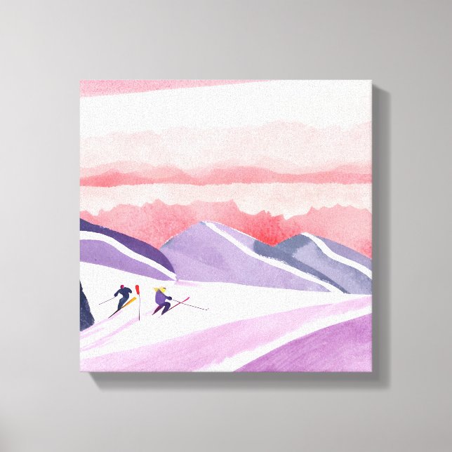 Pastell Vattenfärg Skidberg Solnedgång Canvastryck (Framsida)